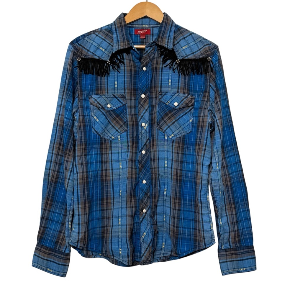 Arizona Western Pearl Snap Fringe Yoke Plaid Shirt Country Aztec Women’s Medium
